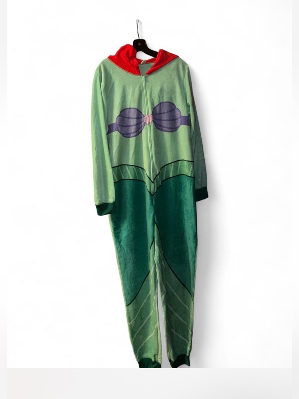 Women Mermaid Onesie Costume - Green & Red Hood